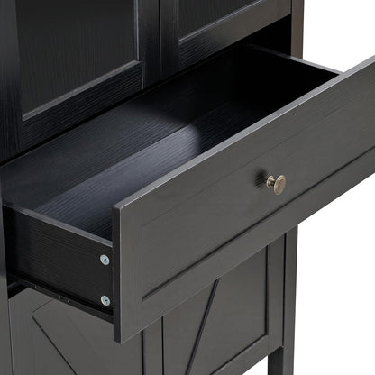 71" Tall Arched Pantry Cabinet, Kitchen Storage Pantry Cabinet, Farmhouse Wood Arched Bookshelf with Drawers and Adjustable Shelves for Living Room, Kitchen, Dining Room (Black)