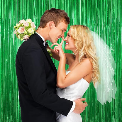 Green Foil Curtain Backdrop, 2Pack Green Metallic Tinsel Foil Fringe Curtains Photo Booth Props for Birthday Wedding Engagement Baby Shower Bachelorette Christmas Celebration Jungle Party Decorations