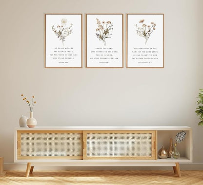 Framed Wildflower Bible Floral Canvas Wall Art Christian Verses Floral Paintings Pictures Decor Botanical Scripture Room Posters Prints for Bedroom Living Room Office Christian Scene Home Decorate
