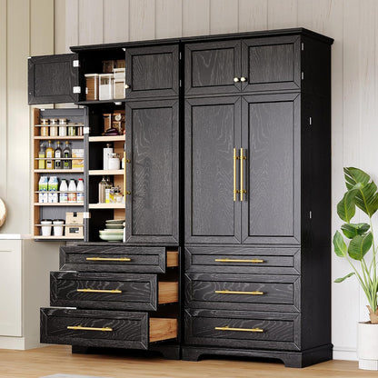 JIJIWANG Kitchen Pantry Storage Cabinet with Doors & Adjustable Shelves,Farmhouse Kitchen Pantry Cabinet with Drawer & Storage,for Kitchen, Dining & Bathroom,Black