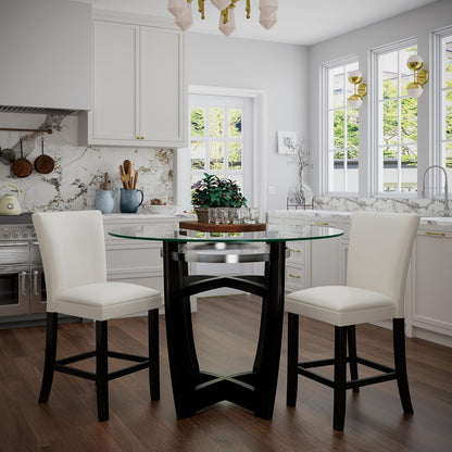 PADMA HOUSE Glass Pub Dining Set for 4, 45in Modern Round Wood Glass Counter Height Bar Table with 4 Leather Pub Stools 5 Pieces Round Bistro Dining Table Chair Set,Clear&Ivory