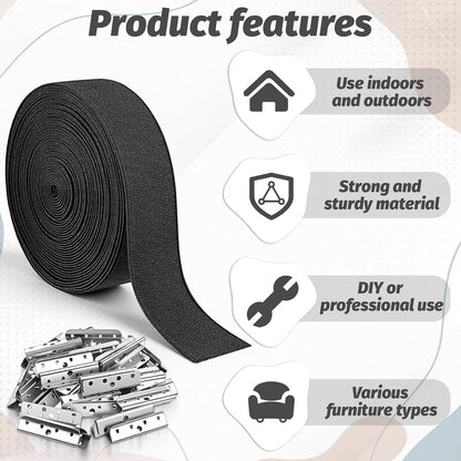 2 Inch Wide x 40 ft Chair Webbing Replacement Kit, Upholstery Webbing Elastic Band with Metal Clips and Mounting Screws to Repair Sagging Couch Chair Patio Furniture Patio (Black)