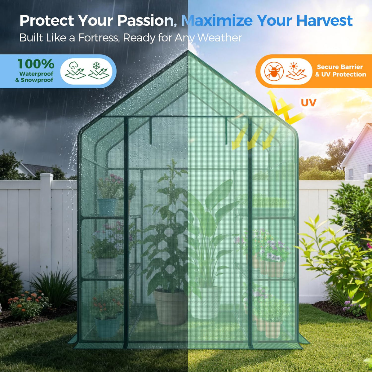 Ohuhu Greenhouse for Outdoors with Screen Windows, 57 x 57 x 76'' Walk in Plant Greenhouses Heavy Duty with Durable PE Cover, 3 Tiers 12 Shelves Stands Plastic Portable Green House with Shelf Clips
