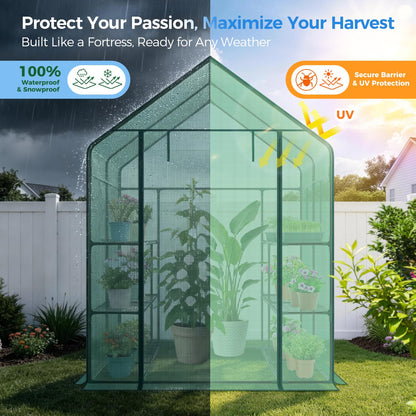 Ohuhu Greenhouse for Outdoors with Screen Windows, 57 x 57 x 76'' Walk in Plant Greenhouses Heavy Duty with Durable PE Cover, 3 Tiers 12 Shelves Stands Plastic Portable Green House with Shelf Clips