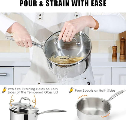 Rorence 3-Quart Saucepan with Lid: Pour and Strain Stainless Steel Sauce Pan with Pour Spouts, Capsule Bottom & Tempered Glass Lid