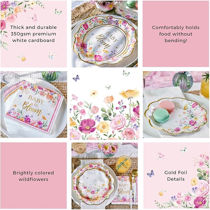 Kate Aspen Baby in Bloom 62 Piece Party Tableware Set Baby Shower Party Decorations Plates & Napkins, Vibrant Floral Botanical (16 Guests)- Perfect for Greenery Baby Shower