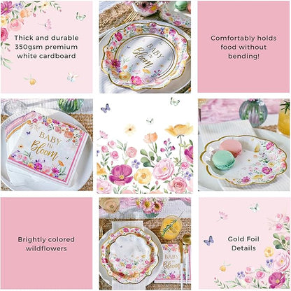 Kate Aspen Baby in Bloom 62 Piece Party Tableware Set Baby Shower Party Decorations Plates & Napkins, Vibrant Floral Botanical (16 Guests)- Perfect for Greenery Baby Shower