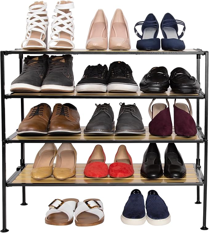 Seville Classics Sturdy Freestanding Storage Shelf for Bedroom, Closet, Entryway, Dorm Room Organizer Stackable Durable Metal Shoe Rack Countryside Aspen Slat, 2-Tier