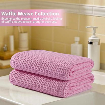 New Microfiber Waffle Bath Towels, 2 Pieces, Oversized, Soft, Absorbent, Fast Drying, Lint Free (Pink)