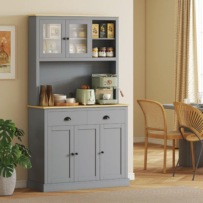 71-inch Modern freestanding Pantry Cabinet, Four Adjustable Shelves at Three Heights, Wide Counter Cable Hole, Gray Yellow Oak