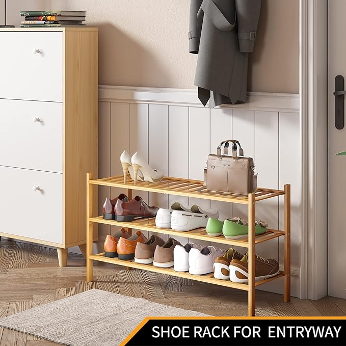 Long Shoe Rack, 3-Tier Bamboo Stackable Shoe Shelf Storage Organizer, Shoe Stand for Closet, Entryway and Hallway