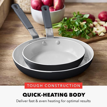 GreenPan x Bobby Flay 2 Piece- 8” and 10” Nonstick Frying Pan Skillet Set, PFAS-Free Diamond Ceramic, Induction Suitable, Stay-Cool Silicone Handle, Easy Clean Dishwasher & Oven Safe, Graphite