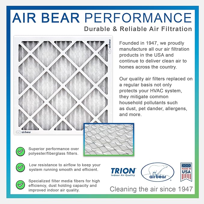 16x25x2 Air Filter MERV 8 (2-Pack) TRION Air Bear Pleated HVAC Air Filter Replacement (Actual Size: 15.50 x 24.50 x 1.75 Inches)
