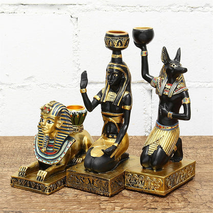 Egyptian Mythology Resin Candle Holder Set 3 Anubis Goddess Sphinx Decor