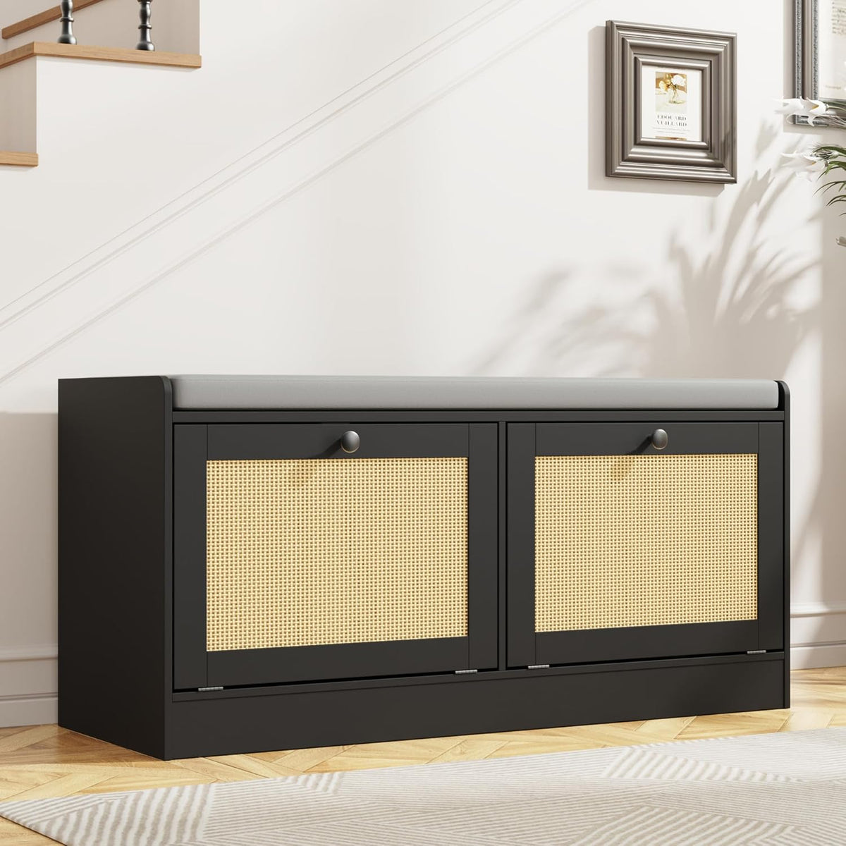 MHOM Rattan Shoe Bench for Entryway, Hallway and Bedroom - Boho Bench with Storage Cabinets and Seat Cushion - Wooden Storage Bench Fits up to Size 16, Black