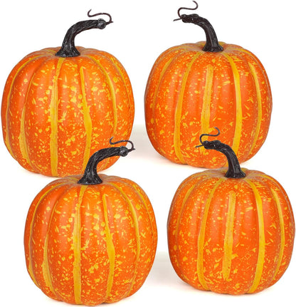 Artmag 6 Inch Large Artificial Pumpkins, 4PCS Big Orange Drawing Line Faux Foam Harvest Pumpkins for Fall Thanksgiving Holiday Decorations