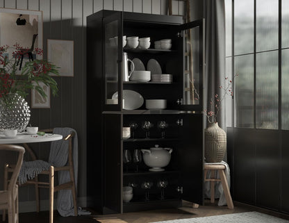 Palace Imports Solid Wood Tall Pantry Cabinet – 71.5" H x 32" W – Black Wooden Storage Cabinet for Kitchen w/Clear Glass/Shaker Doors & 4 Adjustable Shelves, 100% Eco-Friendly Wood, Made in Brazil
