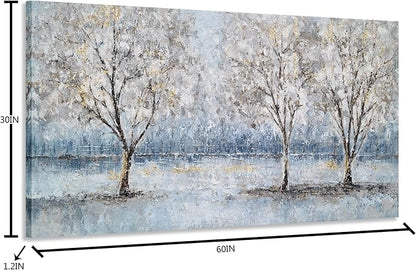 NdcSkyArt Blue Grey Tree Paintings Hand Painted Canvas Wall Art with Gold Foil Modern Abstract Grey Contemporary Rustic Farmhouse Family Tree Landscape Pictures Scenery Artwork