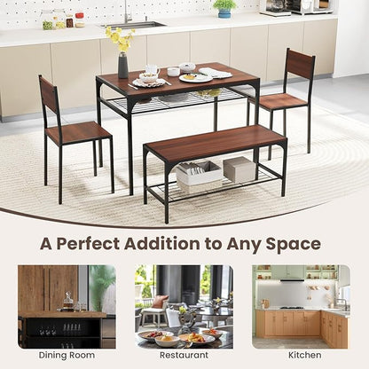 Tangkula Dining Table Set for 4, Kitchen Table and 2 Chairs for 4 with Bench, Additonal Storage Rack, 4 Piece Dining Table Set for Small Space, Apartment