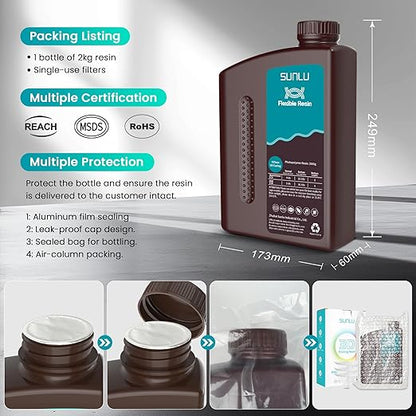 SUNLU Flexible 3D Printer Resin 2KG, 66A 3D Printing Resin for Printing Soft and Flexible Items, Bendable and Not Brittle, Fast Curing 405nm UV Photopolymer Resin. (2000G Gray)
