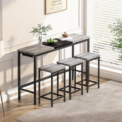 Harper & Bright Designs 4-Piece Dining Table Set, 60.2" L Wood Dining Table with 3 Stools and Metal Frame for Kitchen Dining Room, Convenient Hanging Stool Design, Grey+Black