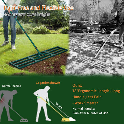 Lawn Leveling Rake Heavy Duty Stainless Steel Lawn Leveler Tool 45”x10” with 78” Adjustable Long Handle Yard Level Rake for Soil, Ground,Backyard Dressing,Golf Field,Garden Tools Grass Seed