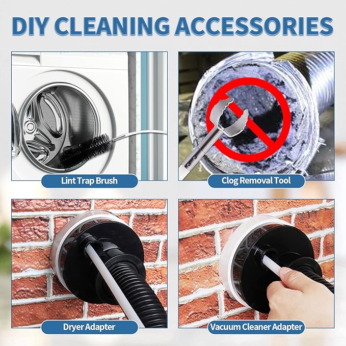 Bluesea 7 Pieces 20 Feet Dryer Vent Cleaner Kit, Reinforced Nylon Dryer Vent Cleaning Kit, Durable Dryer Vent Brush Vacuum Attachment with Flexible Lint Trap Brush, Vacuum & Dryer Adapters