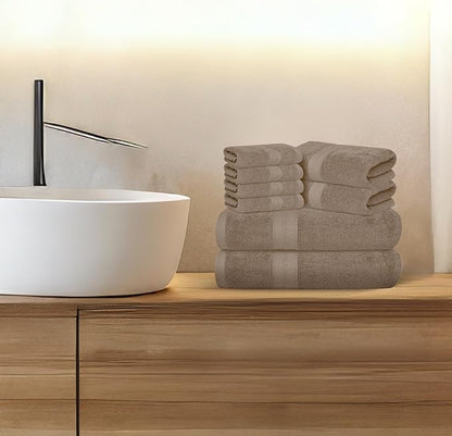 Avalon Towels Luxury 8 Piece Towels Set, 2 Bath Towels, 2 Hand Towels and 4 Washcloths, 600 GSM 100% Ring Spun Cotton Highly Absorbent Bathroom Towel Set, Ideal for Hotel, Spa and Gym (Beige)