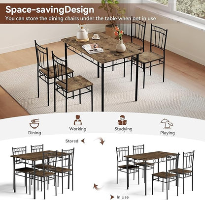 Kitchen Dining Table Set for 4, 5-Piece Kitchen Table Set,Dining Room Table Sets,Rectangular Kitchen Table Set with 4 Chairs for Small Space, Dinette,Apartment, Rustic Brown