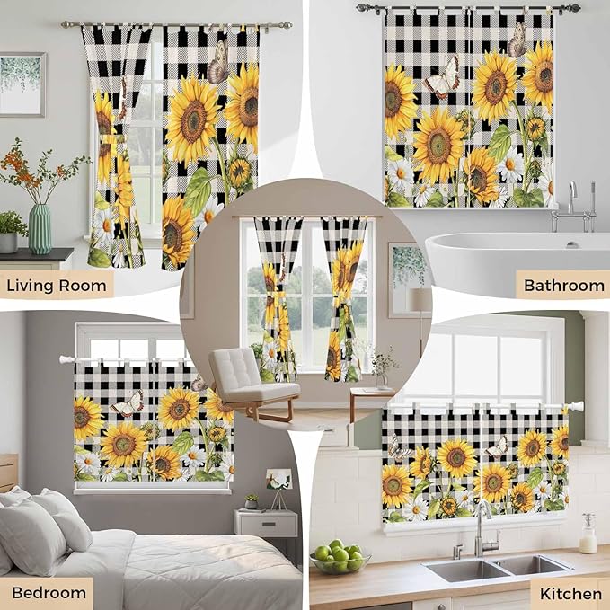 Sunflowers Bedroom Curtains 63 Inch Length, Window Curtains Tab Top, Yellow Flowers Butterfly Farmhouse Black Plaid Light Filtering Window Treatments Drapes 42"x63" 2 Panel