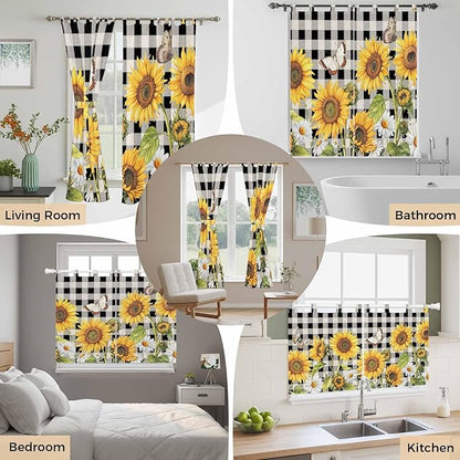 Sunflowers Kitchen Curtains 45 Inch Length, Short Cafe Window Curtains Tab Top, Yellow Flowers Butterfly Farmhouse Black Plaid Light Filtering Window Treatments Tier Drapes 27.5"x45" 2 Panel