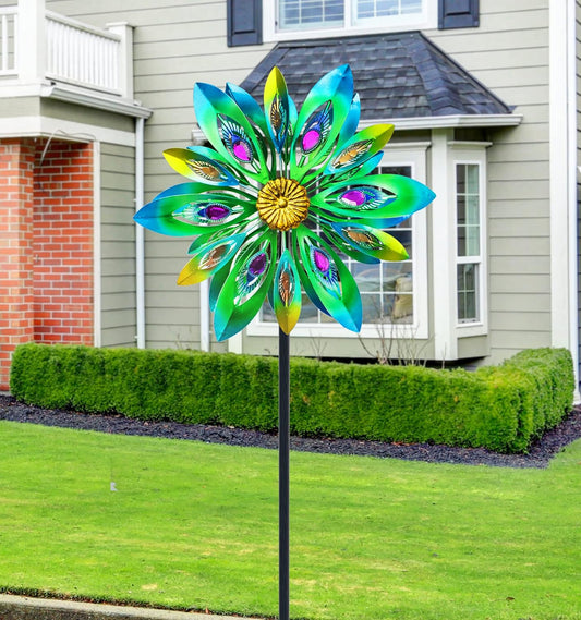 53 Inch Wind Spinner - Outdoor Metal Peacock Wind Sculptures for Garden, Patio, Yard, Lawn Decorations Double Windmill Spinner