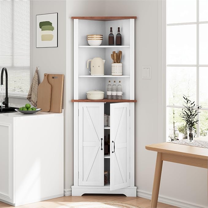 Smuxee Tall Corner Storage Cabinet, Farmhouse Corner Cabinet with Barn Door and Adjustable Shelf, White Freestanding Cabinet Organizer for Bathroom, Kitchen, Living Room
