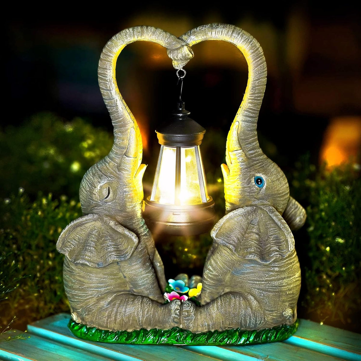 Elephant Statue Garden Decor with LED Solar Lights-Set of 2 Good Luck Elephant Outdoor Statue Christmas Decorations for Yard Patio,Porch,Home -Mothers Day Gifts for Women, Mom, Grandma