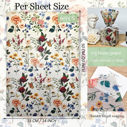 LIAPAWPAW Rustic Floral Tissue Paper, Wildflower Lavender Printed Gift Wrapping Tissue Paper for Gift Bags, Vintage Art Packaging for Birthday, Wedding, Shower, Holiday, DIY Craft, 60 Sheets 20×14 in