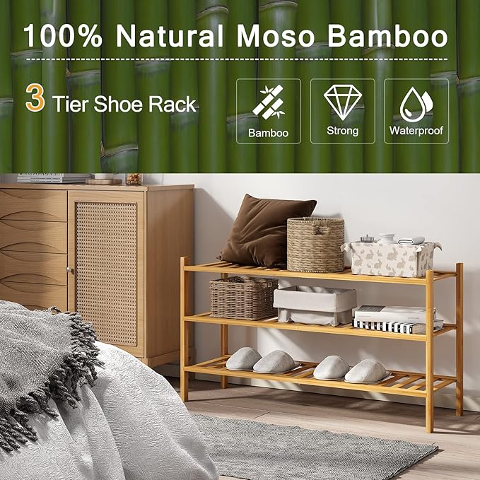 Long Shoe Rack, 3-Tier Bamboo Stackable Shoe Shelf Storage Organizer, Shoe Stand for Closet, Entryway and Hallway