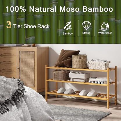 Long Shoe Rack, 3-Tier Bamboo Stackable Shoe Shelf Storage Organizer, Shoe Stand for Closet, Entryway and Hallway