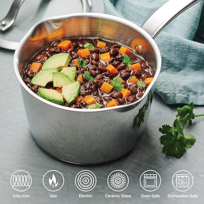 Tramontina Tempo Tri-Ply Base Stainless Steel 2-Quart Small Sauce Pan with Glass Lid, Induction-Ready Saucepan, Oven-Safe, Dishwasher-Safe