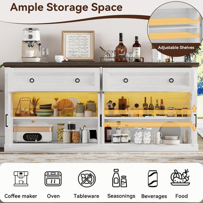 63'' Sideboard Buffet Cabinet with Storage, Modern Credenza with Outlets & LED Light, 2 Drawers, 4 Doors, Adjustable Shelves, Coffee Bar Cabinet for Kitchen Living Room, Antique White