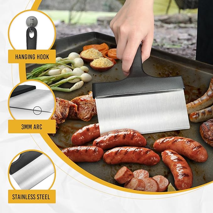 Heavy Duty Grill Scraper Stainless Steel Griddle Scraper with 5 Inches Handle,Sturdy Food Scraper Tool Kitchen for Blackstone Grill Accessories,Outdoor Barbecue Turners Tools (Black 2 Pcs)