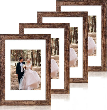 8x12 Picture Frame Set of 4 with High Definition Real Glass, Display 6x8 Pictures with Mat or 8 x 12 Without Mat, Rustic Wood Photo Frames for Tabletop and Wall Mounting