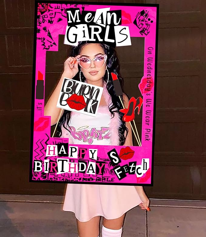 LaVenty Mean Girls Birthday Party Photo Booth Props Frame Mean Girls Party Decoration Y2k Birthday Party Decorations Hot Pink Girl Birthday Party Supplies