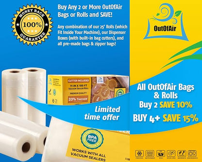 100 Vacuum Sealer Bags: Quart Size (8" x 12") by OutOfAir Works With FoodSaver & Other Machines - 33% Thicker BPA Free, Commercial Grade, 8 x 12 inches