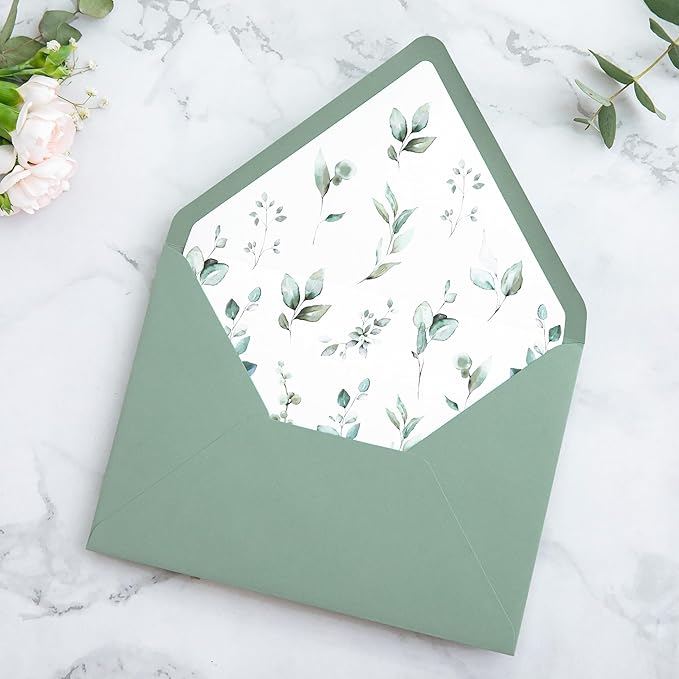 PONATIA 50PCS A7 Euro Flap Envelope, 5.25 x 7.25'' Sage Green Flowers Liner Envelopes for Wedding Invitations, Photos, Postcards, Greeting Cards, Christmas Gift, Acrylic Mailing
