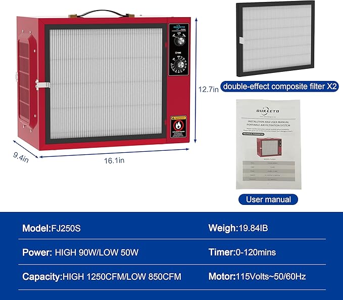 Portable 2 Stage Intake Air Filtration System - Tabletop Dust Collectors (850-1250CFM) for Woodworking, Air Filter with Strong Vortex Fan, Garage Works Shop Benchtop Dust Collection Systems
