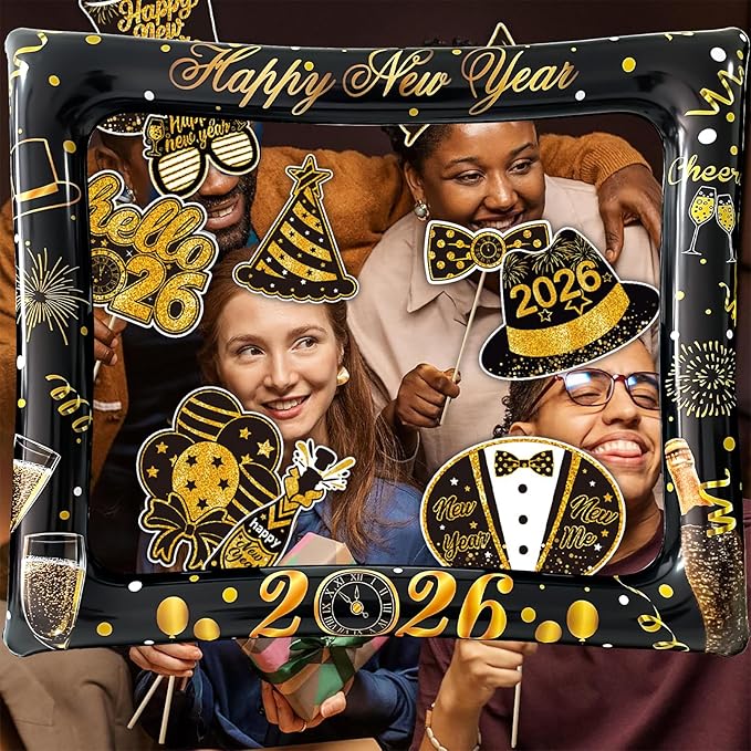2026 New Year Photo Booth Inflatable Frame Kit, 30Pcs New Years Photo Booth Props with Inflatable Picture Frame Black Gold Decorations for New Year Eve Party Selfie Props Supplies