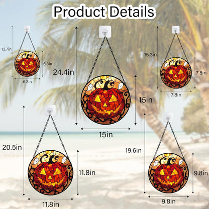 Stained Glass Window Hanging - Halloween Decorations Evil Pumpkin Orange Suncatcher for Doors Garden Indoor Funny Spooky Sun Catchers Gothic Decor Horror Gifts for Women Men Friend 15 in