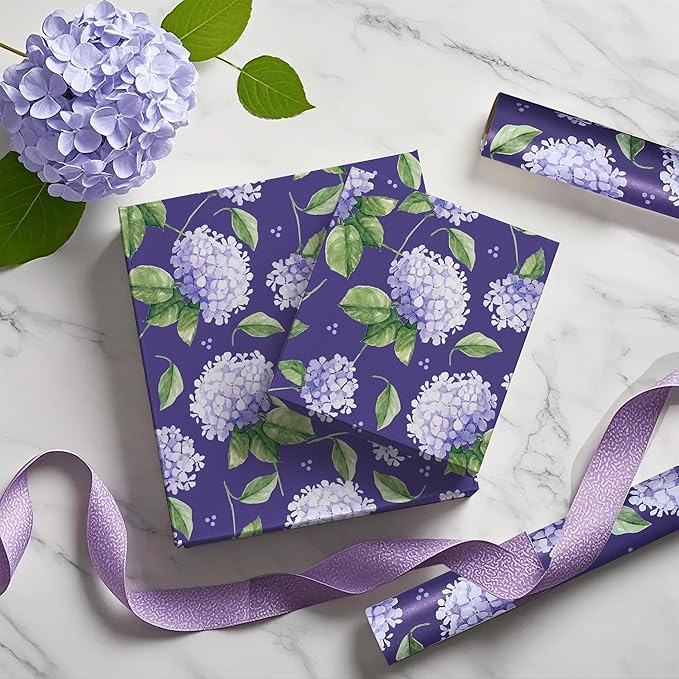 WRAPAHOLIC Kraft Hydrangea Floral Wrapping Paper Roll - Mini Roll - 17 Inch x 16.5 Feet - Blue Hydrangea Flower Wrapping Paper for Wedding, Birthday, Bridal Shower, Tea Party
