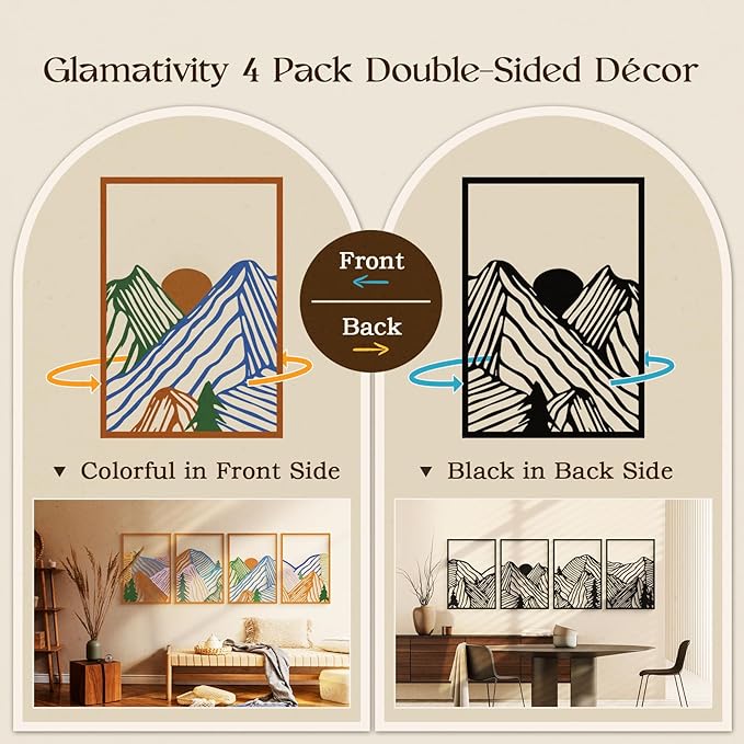 Glamativity 4 Pcs Colorful And Black Double-Sided Abstract Mountain Metal Wall Art , Mountain Line Art Décor, 3D Textured Minimalist Wall Decor, Rustic Nature Wall Décor for Living Room Bedroom Study (Mountain, M Size 17 x 12'')