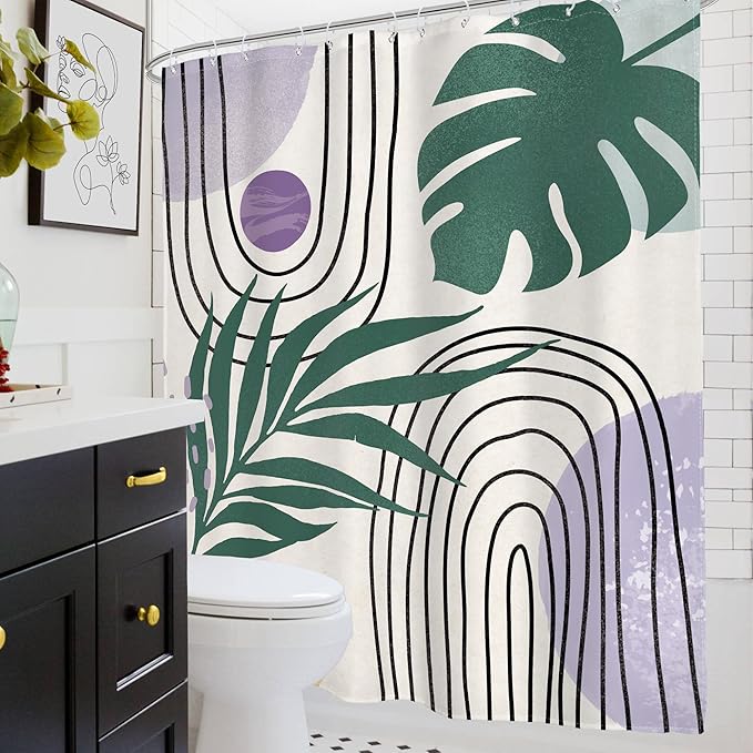 Glawry Boho Purple Shower Curtain Abstract Plant Tropical Palm Leaf Modern Minimalist Arch Geometric Bathroom Modern Mid Century 60Wx72L Inches Bath Accessories Art Home Decor Fabric 12 Pack Hook